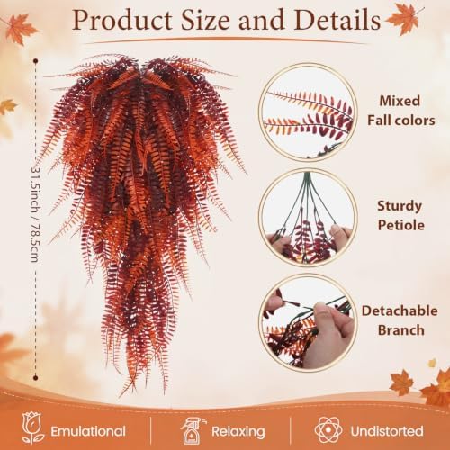 Daifunli 16 Pcs Artificial Fall Hanging Plants Fake Hanging Ferns Plastic Autumn Faux Plants for Wall Room Garden Garland Indoor Outdoor Decor No Basket (Fall Boston) - Image 3