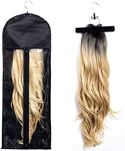 1 Pack Extra Long Hair Extension Holder Wig Storage Bag with Hanger Hairpieces Ponytail Bundles Storage Carrier Case for Store Style Hair Travel Hair Extensions Bag Black Color by RJMBMUP
