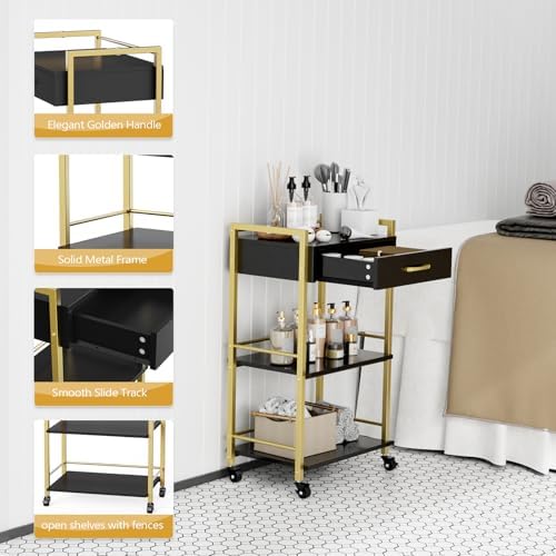 mefeir Salon Trolley Cart for Beauty SPA, Wooden Rolling Storage Station, Mobile Utility Cabinet with 1 Drawer 2 Trays, Medical Esthetic Supply Holder for Massage Tattoo Facials, Black Gold - Image 3