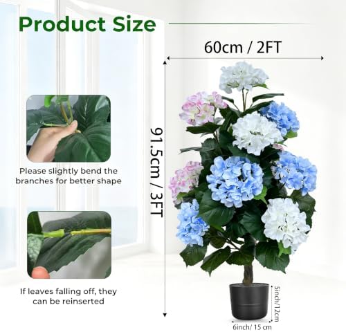2 Pack 3FT Artificial Hydrangea Trees with Pots, Realistic Pink White Blue Faux Hydrangea Plants, UV Resistant Potted Flowering Tree for Indoor Living Room, Entryway, Front Porch, Patio & Garden Decor - Image 2