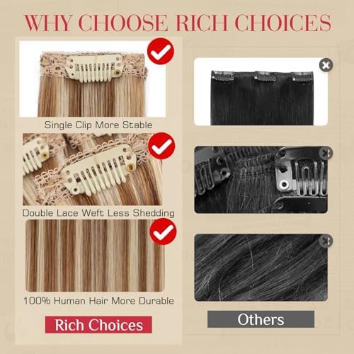 Rich Choices Real Human Hair Clip In Extensions-6 Pcs Single Clip Design-Invisible Clip in Extensions for Thin Hair-Hairpieces for Women/Men-16 Inches #6P613R Light Brown Highlight Bleach Blonde - Image 6