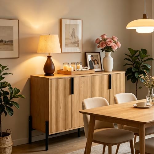 4 Doors Sideboard Buffet Cabinet with Adjustable Shelves, Modern Accent Sideboard with Golden Legs, Wide Storage Cabinet for Kitchen, LivingRoom,Natural - Image 6