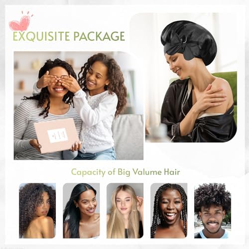 BONNET QUEEN Reversible Silk Satin Sleeping Bonnet Double Layer Adjustable Bonnets Curly Braids Wig Natural Hair Wrap Night Hat Cap Band Shower M Black - Image 6