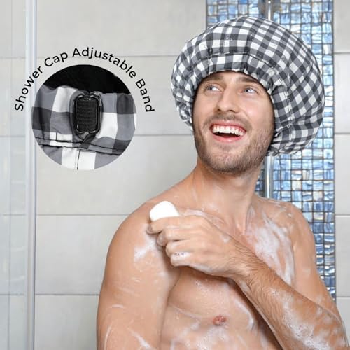 Shower Cap for Men Black White Plaid Bath Cap, Reversible Large Waterproof Adjustable Shower Caps Terry Lining & Elastic Band Stretch Hem Hair Hat - Image 4