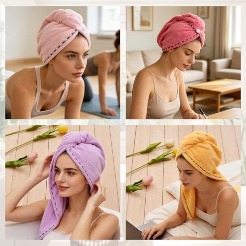 Microfiber Hair Towel Wrap 2 Pack Hair Drying Towel with Button for Women Hair Towel Turban Quick Dry Anti-frizz Absorbent Head Hot Pink - Image 2