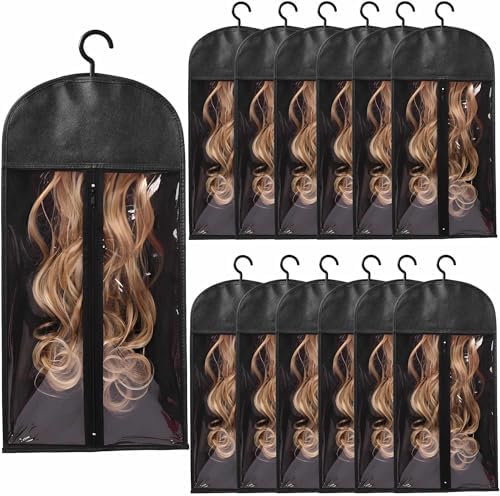 12-PCS Wig Storage Bags with Hangers – Premium Hair Extension Organizer for Multiple Wigs, 60cm x 30cm Dust-Proof Closet Savers (Black) by KneysanMakeYourLifeBetter