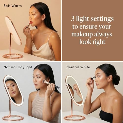 Fancii LED Lighted Vanity Makeup Mirror, Rechargeable - Cordless Illuminated Cosmetic Mirror with 3 Dimmable Light Settings, Dual Magnification - Vera (Rose Gold) - Image 3