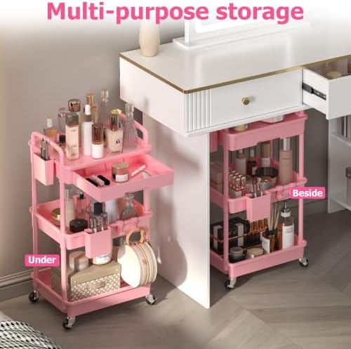 REBECAT 3 Tier Rolling Makeup Cart Cosmetic Display Organizer with Drawer - Image 3