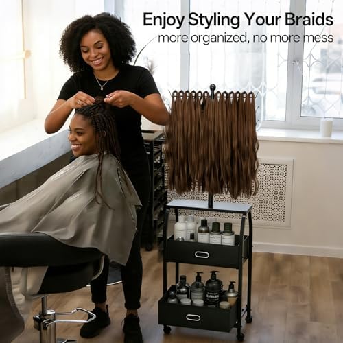 XINTUO Portable Braiding Hair Rack With Wheels & Storage Drawers,168 Pegs Hair Extension Holder Hanger for Braiding Hair Separator Stand Display,Hair rack with stylist hair braiding tools(black) - Image 3