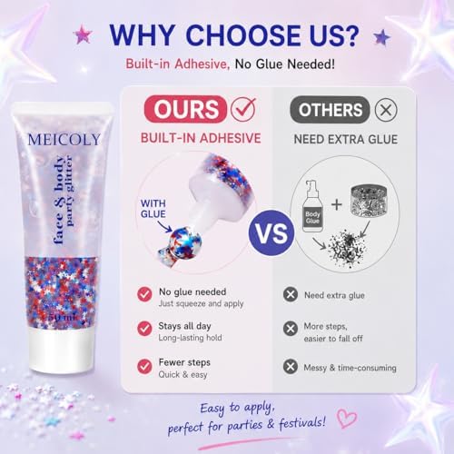 MEICOLY 50g Star Shaped Red White and Blue Body Glitter Face Glitter Gel, Patriotic Accessories Hair Glitter for 4th of July Outfits for Women, Fourth of July USA Accessories for Independence Day - Image 3