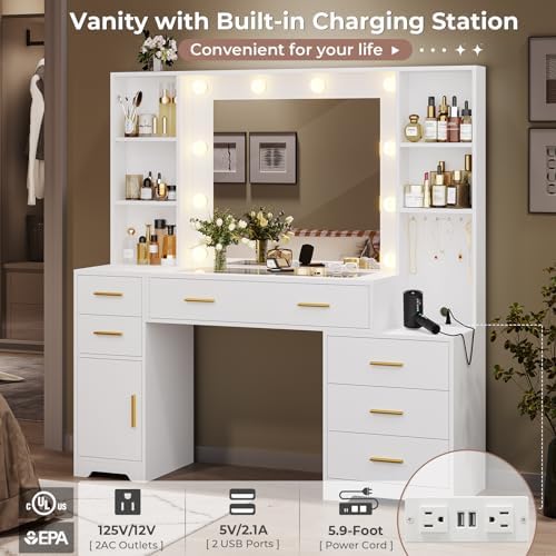 Hasuit 48.8'' Large Vanity Desk with Lighted Mirror & Power Outlet, White Makeup Vanity Table with 6 Drawers, 4 Shelves and 1 Storage Cabinet, Glass Tabletop Bedroom Dressing Table, 3 Lighting Modes - Image 4