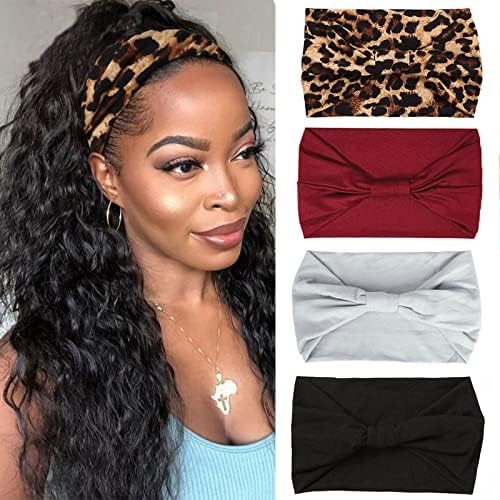 XTREND 4 Packs Wide Headband Fashion Headscarf Bohemian Style Elastic Knotted Non-slip Headband Suitable For Black Women Outdoor Yoga Sports Printed Hair Accessories by XTREND