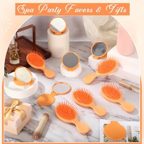 Meanplan 24 Pcs Mini Hair Brush Set 12 Travel Wet Dry Hair Combs Pocket Detangling 12 Compact Folding Makeup Mirrors for Spa Sleepover Birthday Bridal Shower Bachelorette Christmas Party Gift(Orange) - Image 4
