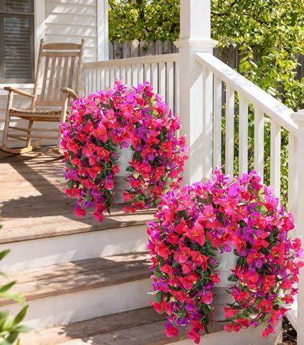Faux Bougainvillea Artificial Flowers Plants for Outdoors Outside Decoration, 2pcs Fake Flowers Silk Long Trailing Vines UV Resistant Realistic for Front Door Porch Planter Urn Patio Balcony Yard, Mix - Image 2