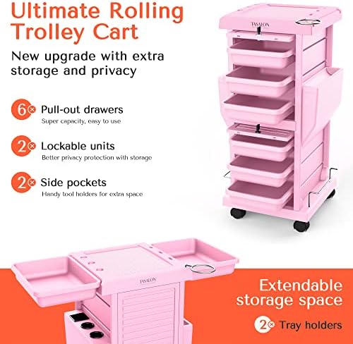 TASALON Lockable 6-Tray Salon Rolling Cart with 2 Holders, Pink - Image 2