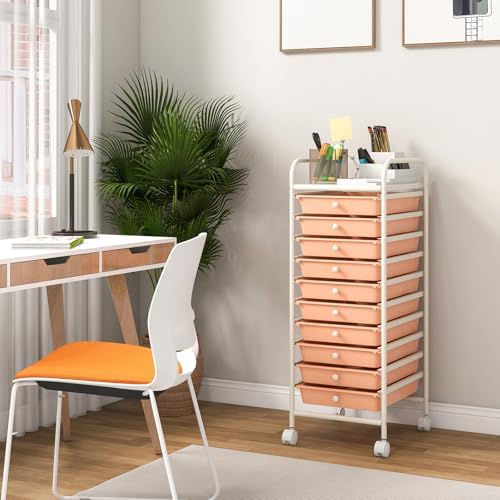 Giantex 10-Drawer Storage Cart w/Universal Wheel, Rolling Cart w/Handle, Home Organizer Storage Unit w/Removable Drawers, Trolley Utility Cart for Kitchen Makeup Living Room Office Play Room - Image 2