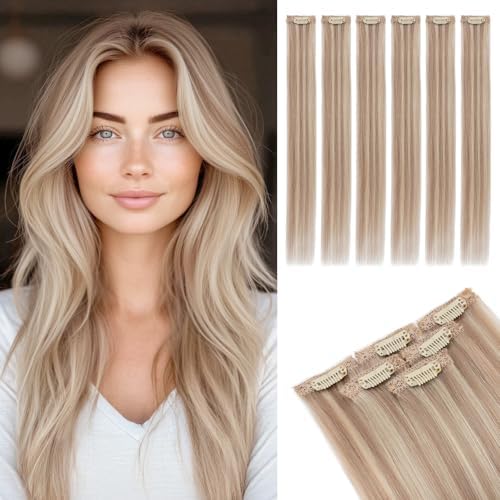 Rich Choices Real Human Hair Clip In Extensions-6 Pcs Single Clip Design-Remy Hairs Invisible Clip in Extensions for Thin-Seamless Hairpieces for Women-18 Inches #22BP613 Champagne Blonde Balayage by RichChoices