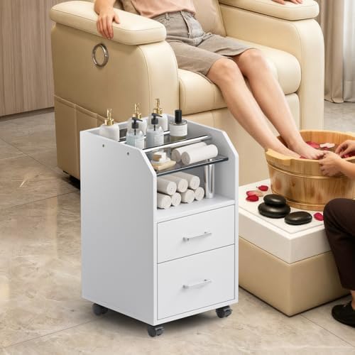 OmySalon Pedicure Cart, Foot Bath Trolley with Storage Drawer & Bottle Racks, Portable Salon Station for Esthetician Manicure & Foot Massage, Beauty Spa Supplies with Locking Wheels, White - Image 2