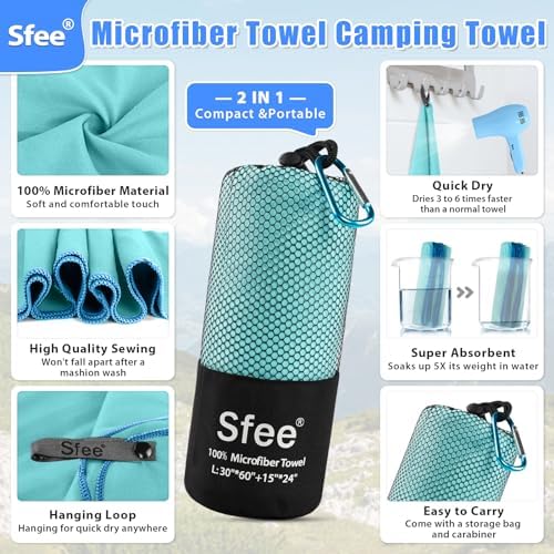 Sfee 2 Pack Microfiber Travel Towel, Quick Dry Towel Camping Towel Large Beach Towel Super Absorbent Compact Lightweight Sport Gym Towels for Beach, Gym, Hiking, Pool, Backpacking, Bath, Yoga - Image 2