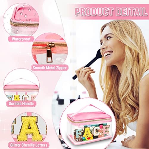 2 Pcs Chenille Letter Clear Makeup Bags FaceHair Pouch, Preppy Patch Travel Face Bag Zipper with Handle, Travel Hair Bags for Hair Stuff Waterproof Cosmetic Toiletry Storage for Women Girl(HAIR+FACE) - Image 3