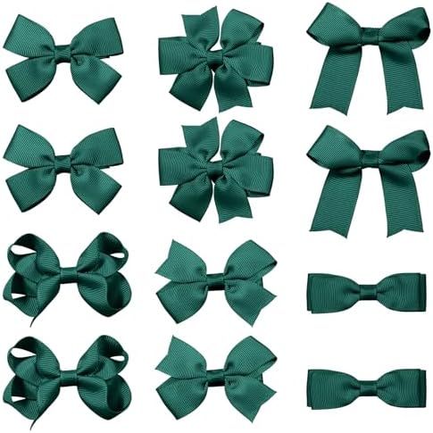 Christmas Dark Green Bows for Girls,12Pcs 3-inch Hand-Made Grosgrain Ribbon Hair Bows Alligator Clips for Teens Toddlers Kids Women Xmas Holiday Party Dress Decoration Accessories by KCHIES-AccessoryCollection