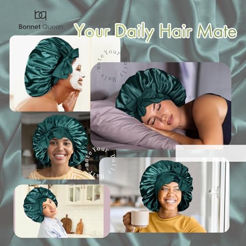 Bonnet Queen Silk Bonnet for Sleeping Large Bonent Satin Bonnet Hair Bonnet Satin Cap Night Sleep Bonnet for Braids Bonnet with Tie Band fort Women Curly Green - Image 2