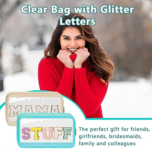 Iqimott Clear Patch Makeup Bag Stuff Pouch, Preppy Personalized Chenille Letter Cosmetic Pouch for Travel, Nylon Waterproof Organizer Travel Essentials Zipper Toiletry Bags for Women Girls(Green) - Image 5