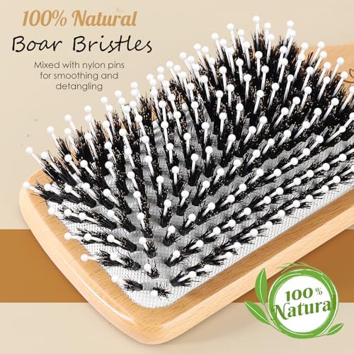 URTHEONE Hair Brush,Boar Bristle Hair Brushes and Styling Comb Set for Women Men Kids, Best Natural Wooden Paddle Hairbrush for Wet or Dry Hair Detangling Smoothing Massaging - Image 2
