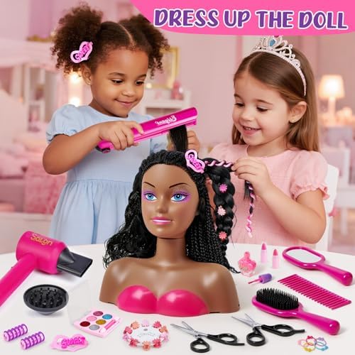 Cleboen Hair Styling Doll Head for Girls, Pretend Play Beauty Salon Makeup Kit with Hair Dryer, Straightener & Real Nail Polish, 35PCS Hair Accessories Playset, Birthday Gifts for Girls Age 4-6 6-8 - Image 3