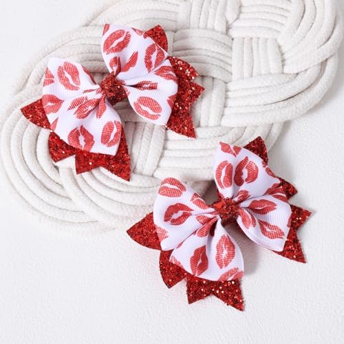 Glitter Valentines Hair Bows 2pcs 3.5" Red Lip Ribbon Dressy Bow Alligator Clips for Toddler Teen Girls Women Valentine Wedding Party outfit Decor Accessory Birthday Favor Gift - Image 2