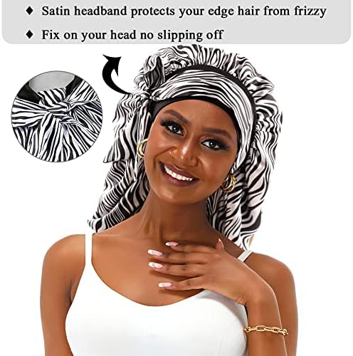 Extra Large Satin Bonnet for Women, Double-Layer Silky Sleep Cap, Long Hair Bonnet with Tie Band for Braids/Curly/Long Hair (Zebra Pattern) - Image 4