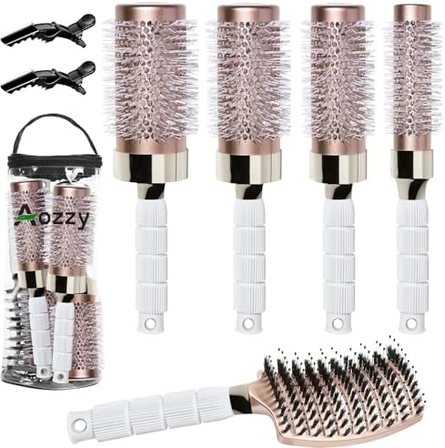 Ceramic Round Brush Set for Blowout&Boar Bristle Detangler Hair Brush by Aozzy