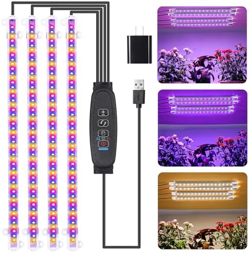 RWNTAO Four Strip Growing Lamp for Indoor Plants, Red & Blue & Yellow Full Spectrum LED Grow Light Strips with Auto ON/Off 3/9/12H Timer,10 Dimmable Levels for Green House Succulent (13 in) by RWNTAO