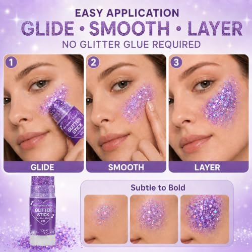 Mysense Violet Body Glitter Stick,Purple Face Hair Glitter for Women Kids - Image 4