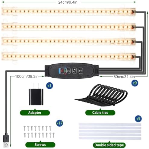 4 Head 9.4'' Grow Light Strips, 3000K Full Spectrum for Indoor Plants Plant Light with 3/9/12H Timer & 10 Dimmable Levels, LED Grow Lamp for Succulents, Seedlings,Hydroponics & Greenhouse - Image 6