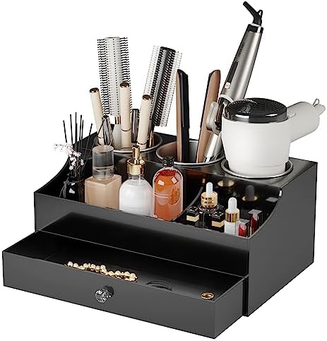 Hair Tool Organizer, Acrylic Hair Blow Dryer Holder Stand for Straightener and Curling Storage, Bathroom Vanity Countertop Organization for Makeup Accessories (Black) by Messmenos