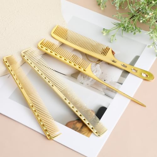 4 Pcs Comb Space Aluminum Hair Styling Comb Professional Set Stainless Steel Anti-static Flat Iron Fine Tooth Combs Metal Parting Combs for Women Men Supplies Beauty Tool(Golden) - Image 4