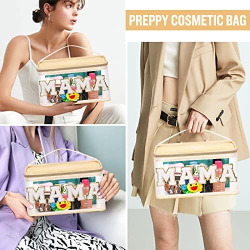 Chenille Letter Clear Makeup Bags Mama Pouch, Preppy Patch Makeup Bag Zipper with Handle, Transparent PVC & Nylon Waterproof Glitter Cosmetic Handbag Travel Toiletry Storage for Women Girl(MAMA-Beige) - Image 5