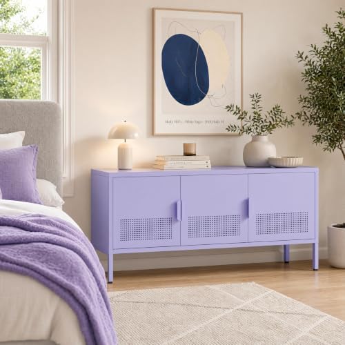 Metal TV Stand with 3 Ventilated Door, Short Steel Storage Cabinet with Adjustable Shelf, Low Airflow Steel Media Locker for Small Apartments Home Office Purple 22" H X 35.4" W X 13.8" D - Image 7