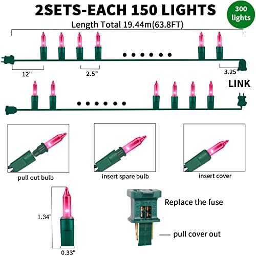 Ultra-Bright Connects End to End Pink Christmas Mini Light 300L 63.8Ft(2Sets-Each 150L)UL Listed Incandescent Bulb String Light for Indoor Outdoor Holiday Garden Party Christmas Tree Decor - Image 3