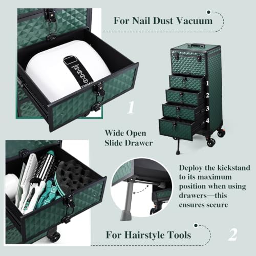 Yueieoun Nail Salon Cart with 4 Drawers,Rolling Makeup Train Case for Beauty,Cosmetology Case on Wheels Trolley Cart,Lockable Organizer Travel Case for Manicure/Face Painting/Hairstylist,DARK GREEN - Image 3
