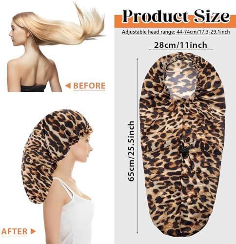 2 Pcs Large Shower Cap for Braids, Extra Long Shower Cap for Women Long Hair & Locs, Waterproof Hair Bonnets for Dreadlocks Drawstring Bath Caps for Women & Men (Black, Leopard) - Image 2