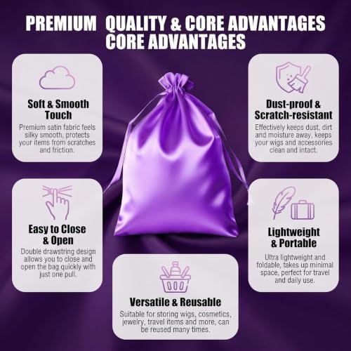 UPSTORE 5Pcs Satin Wig Storage Bags, Drawstring Silk Pouches for Hair - Image 4