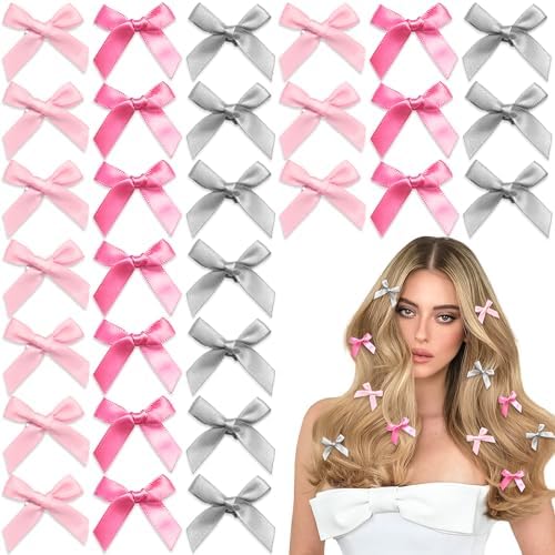 30PCS Small Hair Bows Silver Mini Bow Clips Satin Pink Hair Accessories Coquette Bow for Girls Women by YAEISM