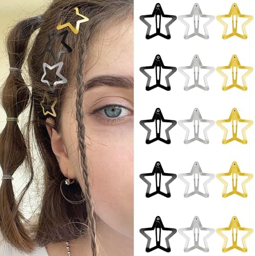Star Hair Clips 2000s Y2K Hair Accessories-15 PCS 1.18"-Black Gold Silver by SAOROPEB