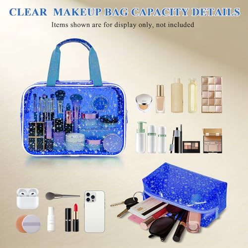2PCS Clear Star Print Waterproof Makeup Bag, Lagre PVC Cosmetic Pouch with Zipper, Travel Toiletry Organizer for Women, Small Personal Item for Travel, Business Trip, Gym & Daily Use (Dark Blue) - Image 3