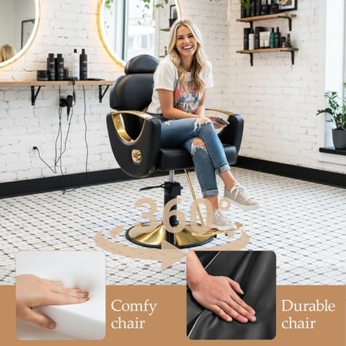 Black Salon Chair for Hair Stylist, Professional Barber Chairs Barbershop Hair Stylist Chair with Heavy Duty Hydraulic Pump, 360° Braiding Styling Hairdresser Chairs for Spa Home Euipment, Cold Black - Image 7
