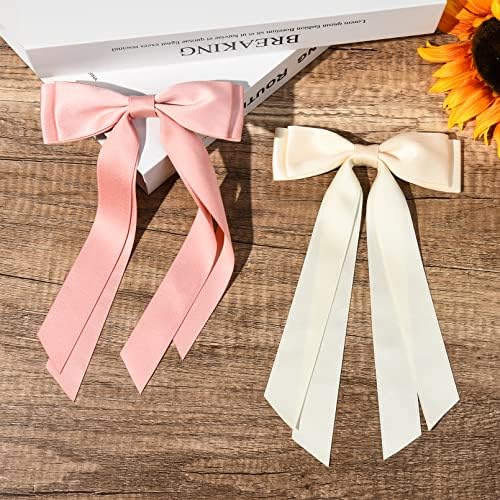 2PCS Silky Satin Hair Bows Hair Clip Beige Pink Hair Ribbon Ponytail Holder Accessories Slides Metal Clips Hair Bow for Women Girls Toddlers Teens Kids - Image 6