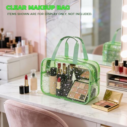 Large Clear Makeup Bag 12x5x8 Green Star Pattern - Waterproof PVC Travel Cosmetic Organizer with Handle, Durable Transparent Toiletry Case for Women Girls Travel Gym Beach Storage - Image 4