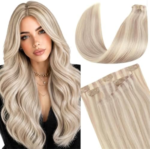 LaaVoo Seamless Clip in Hair Extensions Human Hair Blonde Highlight Seamless Clip in Human Hair Extensions Invisible PU Weft Human Hair Clip ins Extension 18inch 7pcs 110g by LaaVoo